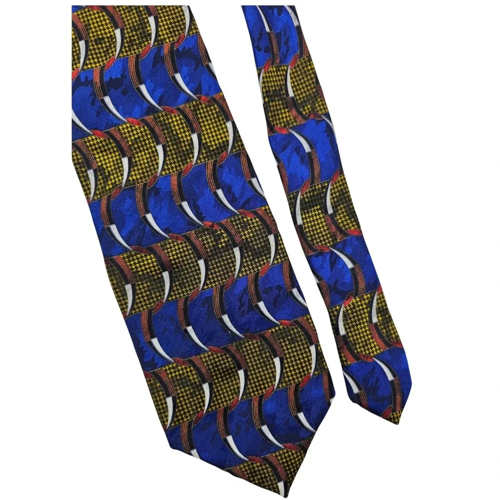 Emilio Romano Silk Tie Blue Yellow‎ Red Geometric Houndstooth Handmade Italy
